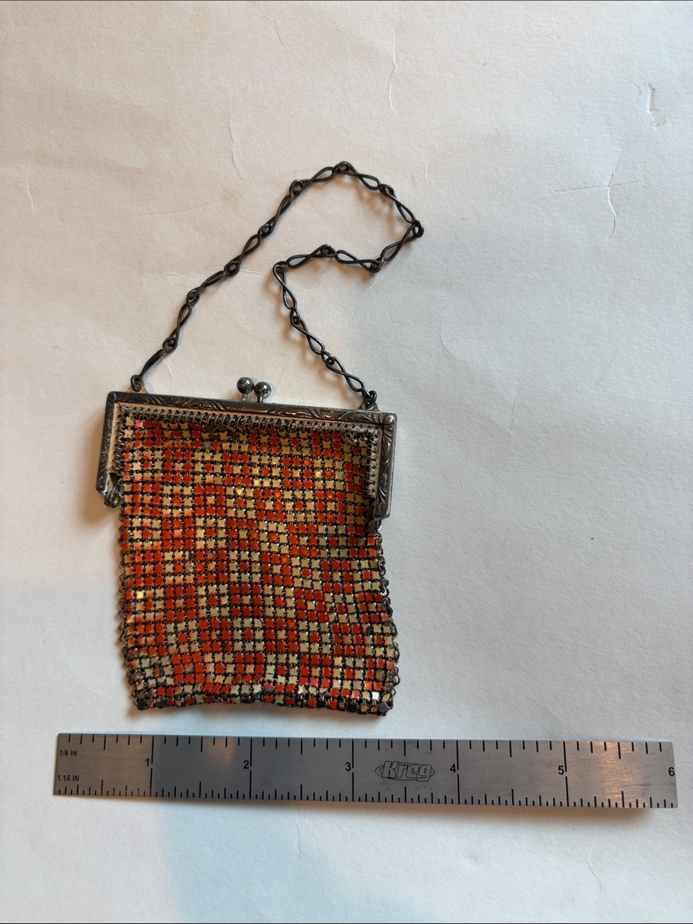 Vintage Orange Woven Mesh Evening Bag with Chain Strap
